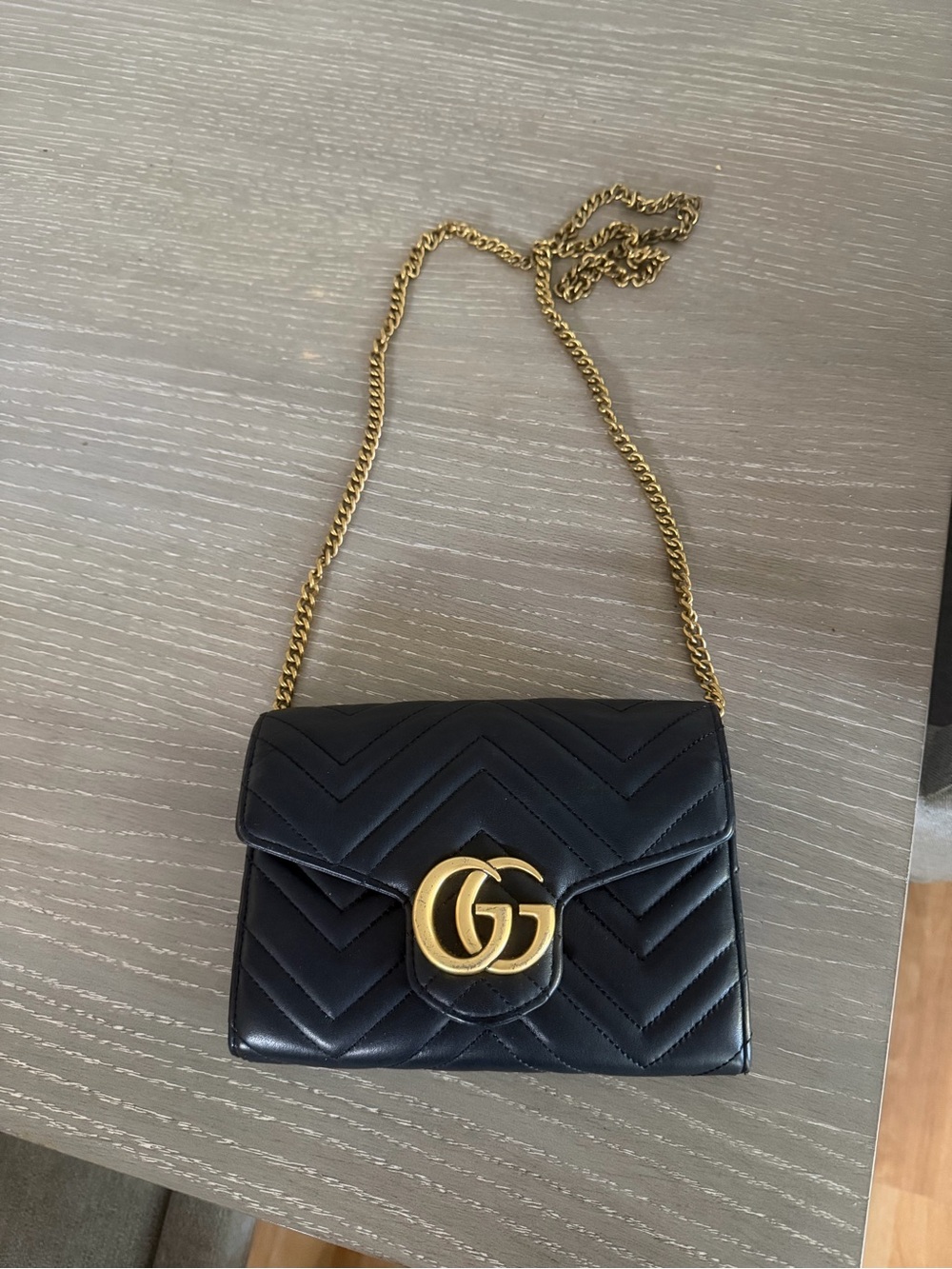 Gucci Black Quilted Chevron Crossbody with Gold GG Chain